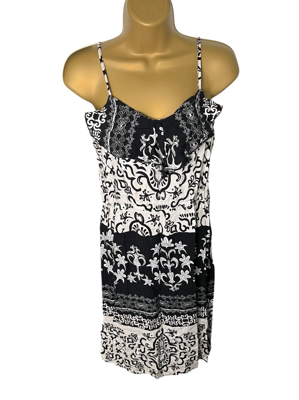 Y2K Mix & Co Lace Trim Casual Summer Dress Spaghetti Strap Paisley Black White S